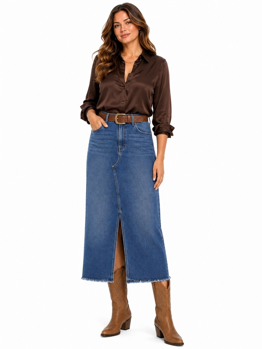 GAP Denim Maxi Skirt 16 High Rise Front Slit Raw Hem Western